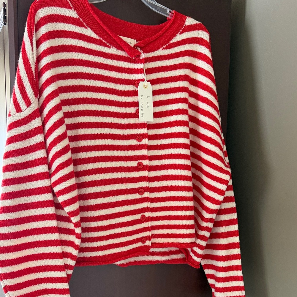 By Together Red and White Striped Cardigan